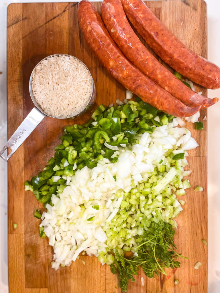 Gumbo ingredients on a cutting board