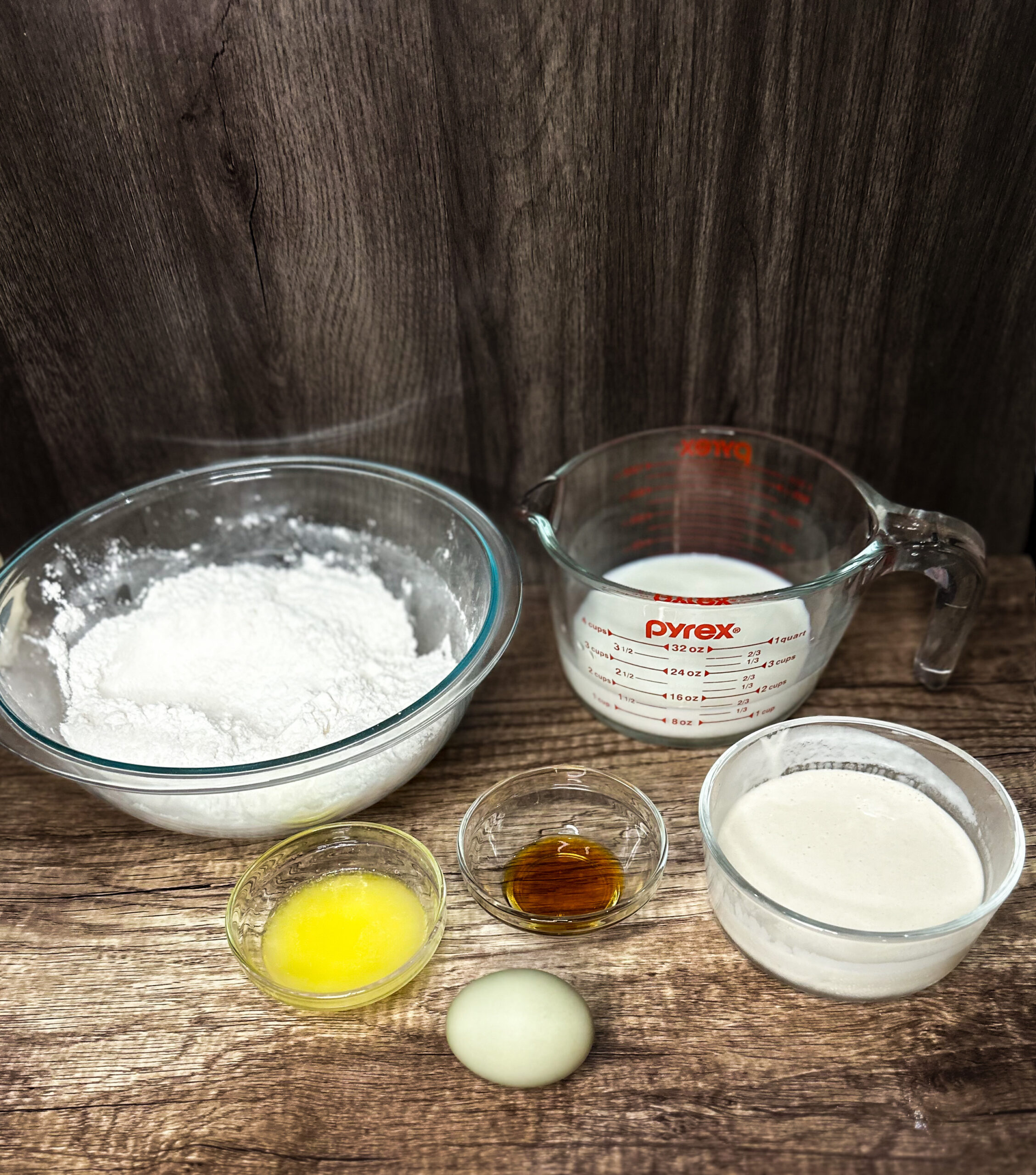 sourdough pancake ingredients on a kitchen counter