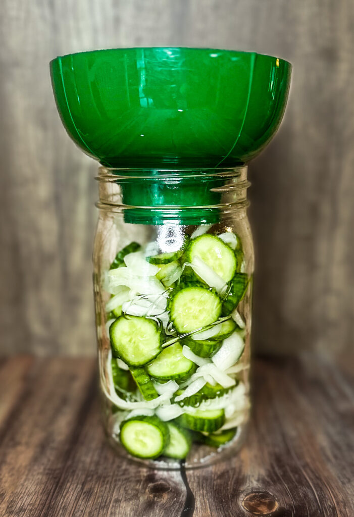 pickle and oions in a jar for bread and butter pickles