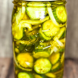 bread and butter pickles on a counter