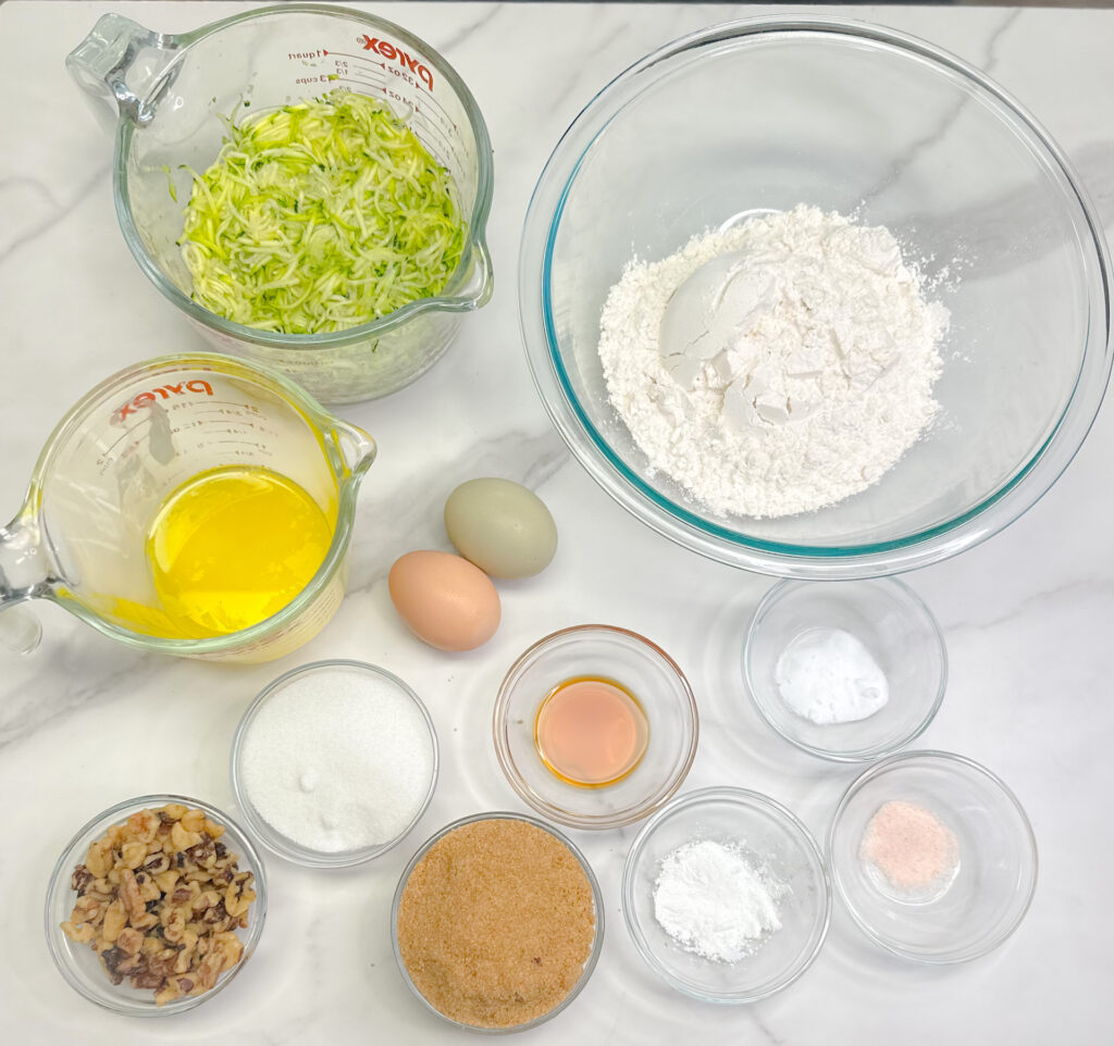 zucchini bread ingredients on a counter